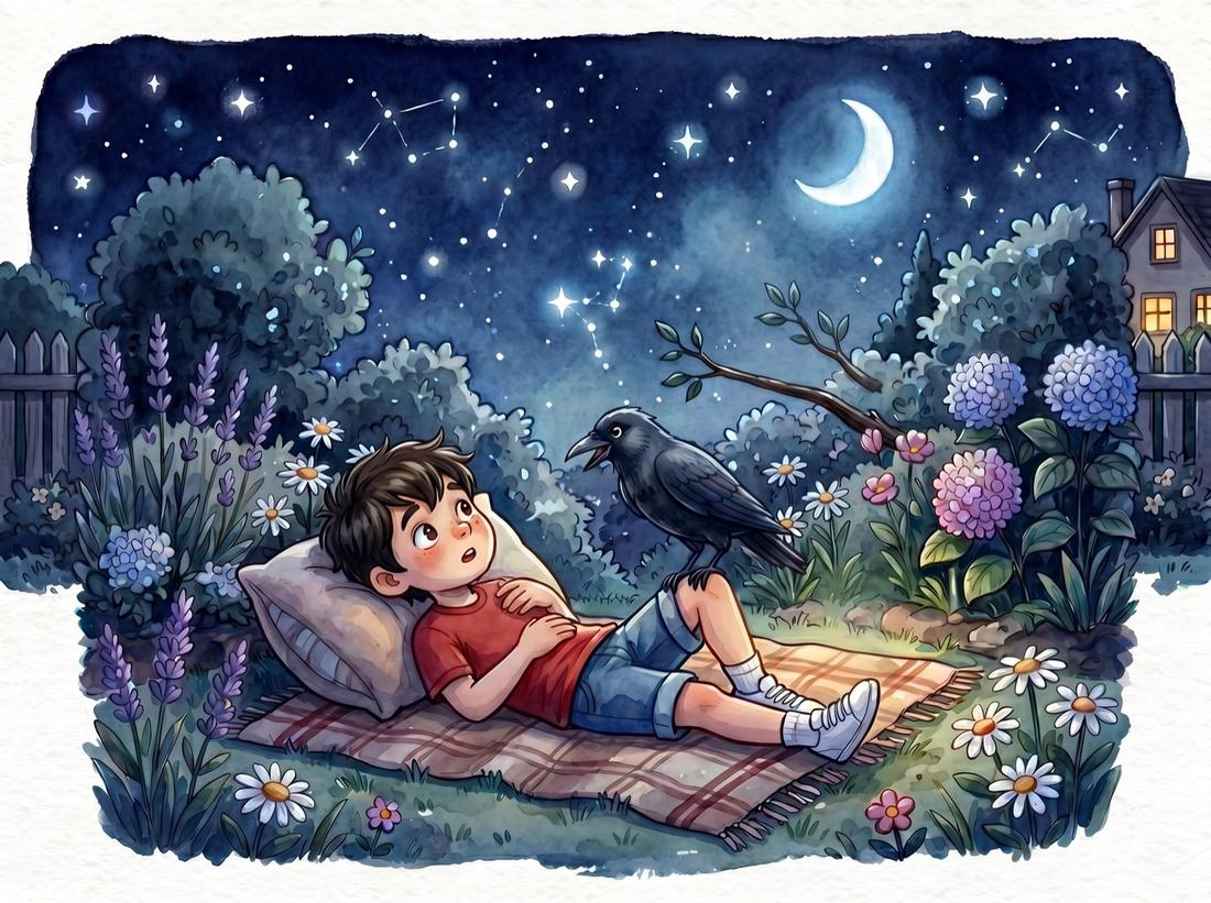 Gece yıldızların altında Kaya ve Karga